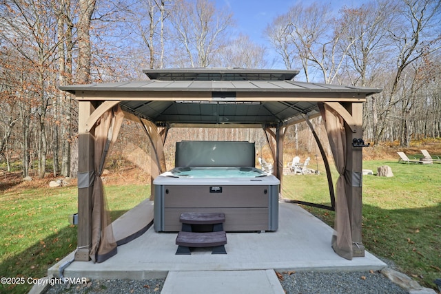 view of car parking with a lawn and a gazebo