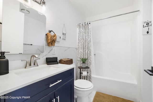 full bathroom featuring toilet, shower / bath combo, tile walls, and vanity