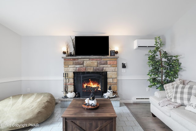 tiled living room featuring baseboard heating, a wall mounted AC, and a fireplace