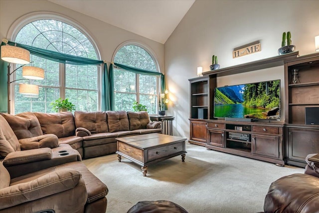 1319 Poulos Ct, Stroudsburg, PA 18360 - living area featuring light carpet and high vaulted ceiling