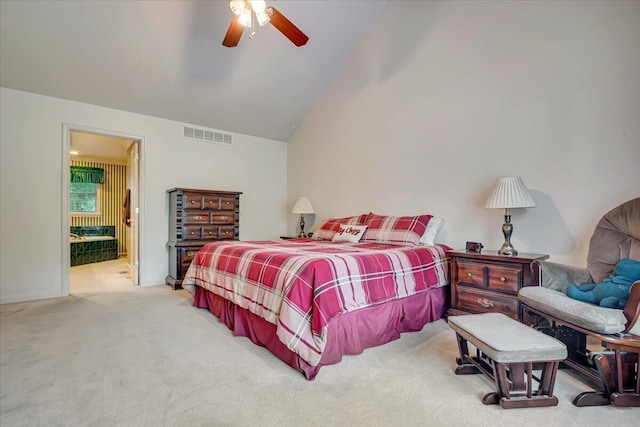 1319 Poulos Ct, Stroudsburg, PA 18360 - carpeted bedroom featuring vaulted ceiling, ensuite bathroom, and a ceiling fan