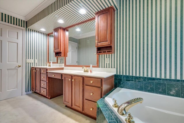 1319 Poulos Ct, Stroudsburg, PA 18360 - bathroom featuring wallpapered walls, vanity, a bath, ornamental molding, and recessed lighting