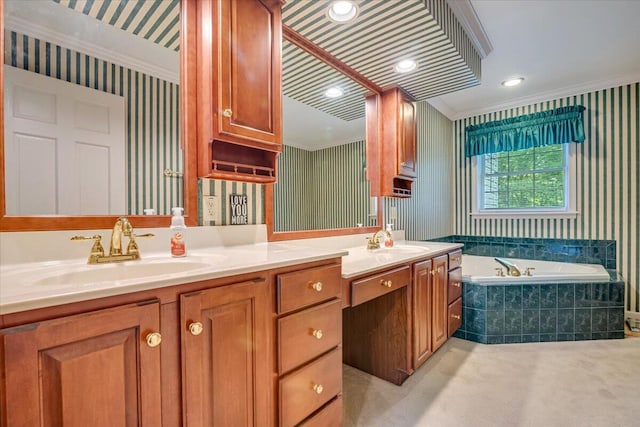 1319 Poulos Ct, Stroudsburg, PA 18360 - full bathroom featuring wallpapered walls, ornamental molding, double vanity, a bath, and recessed lighting