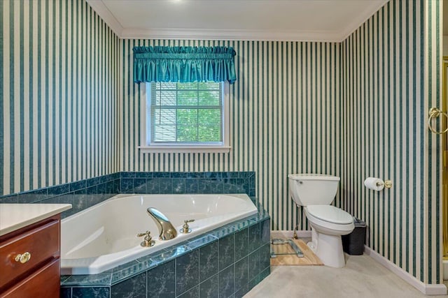 1319 Poulos Ct, Stroudsburg, PA 18360 - bathroom with wallpapered walls, a bath, vanity, and ornamental molding