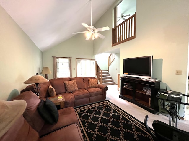 2291 Mountain Rd, Stroudsburg, PA 18360 - living area with ceiling fan, high vaulted ceiling, carpet floors, and stairs