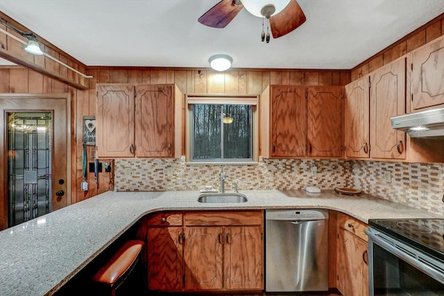 kitchen featuring stainless steel appliances, decorative backsplash, a sink, and under cabinet range hood