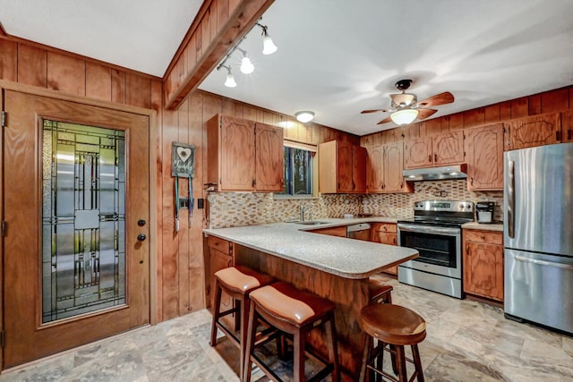 kitchen featuring stainless steel appliances, tasteful backsplash, a sink, and under cabinet range hood