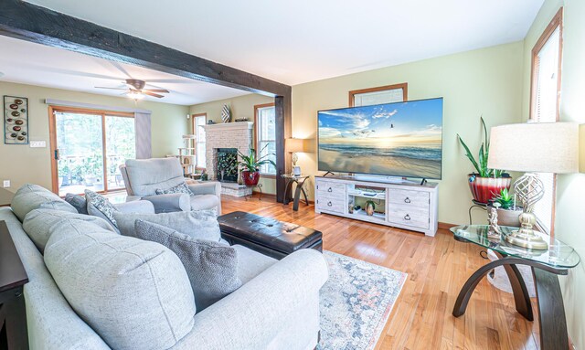 1154 Park Dr, East Stroudsburg, PA 18302 - living room featuring wood finished floors, ceiling fan, a fireplace, and beam ceiling