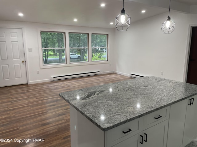 kitchen featuring a baseboard radiator, stone countertops, recessed lighting, a baseboard heating unit, and dark wood-style flooring