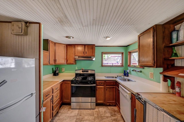 209 Cross St, Pocono Lake, PA 18347 - kitchen featuring white appliances, open shelves, under cabinet range hood, and light countertops