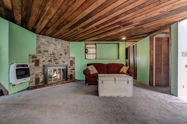 209 Cross St, Pocono Lake, PA 18347 - carpeted living area with heating unit, a stone fireplace, and wood ceiling