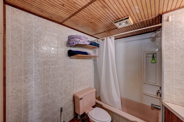 209 Cross St, Pocono Lake, PA 18347 - full bathroom with tiled shower / bath combo, toilet, wooden ceiling, and tile walls