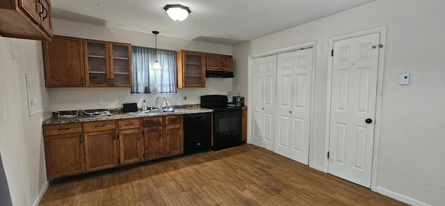8934 Deerfield Rd, Tobyhanna, PA 18466 - kitchen featuring black appliances, under cabinet range hood, and dark wood finished floors