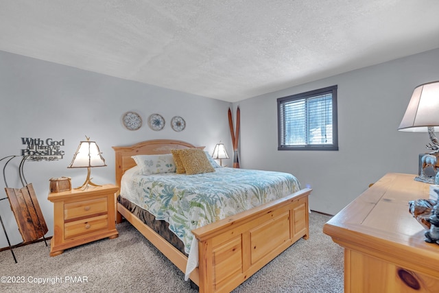 bedroom with a textured ceiling and light colored carpet