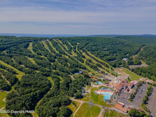 bird's eye view featuring a wooded view