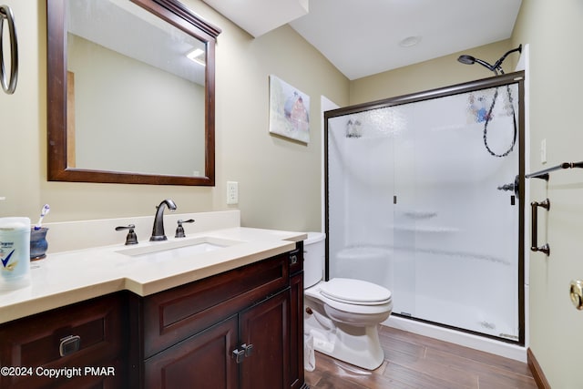 bathroom with toilet, wood finished floors, a shower stall, and vanity