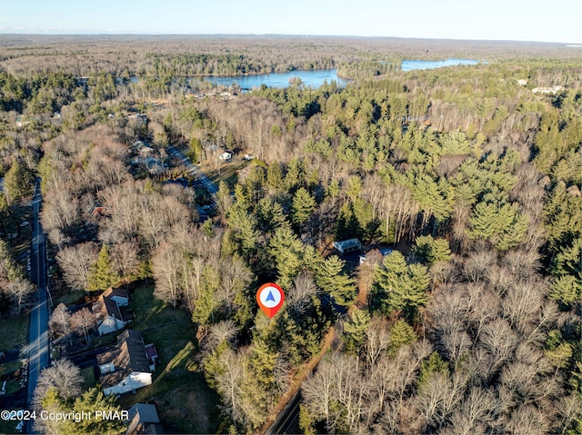 aerial view featuring a water view and a wooded view