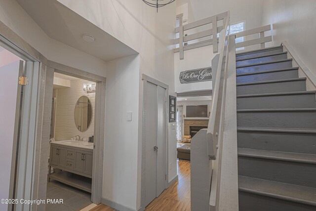 interior space with hardwood / wood-style floors and a high ceiling