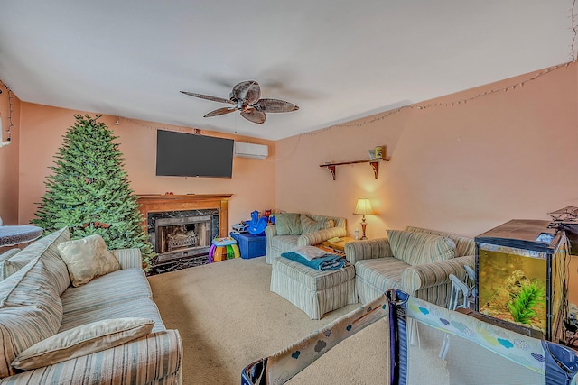 6163 Somers Ter, Tobyhanna, PA 18466 - living area featuring ceiling fan, a wall mounted AC, carpet, and a high end fireplace