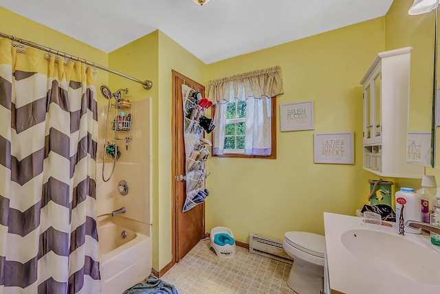 6163 Somers Ter, Tobyhanna, PA 18466 - bathroom with a baseboard heating unit, vanity, toilet, baseboards, and shower / tub combo with curtain