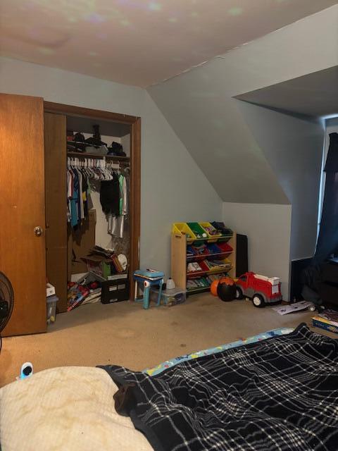 bedroom featuring vaulted ceiling, carpet, and a closet