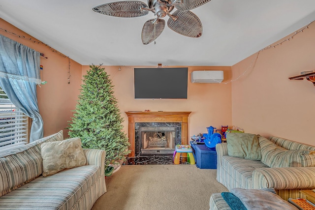 6163 Somers Ter, Tobyhanna, PA 18466 - carpeted living room with ceiling fan, a wall mounted AC, and a premium fireplace