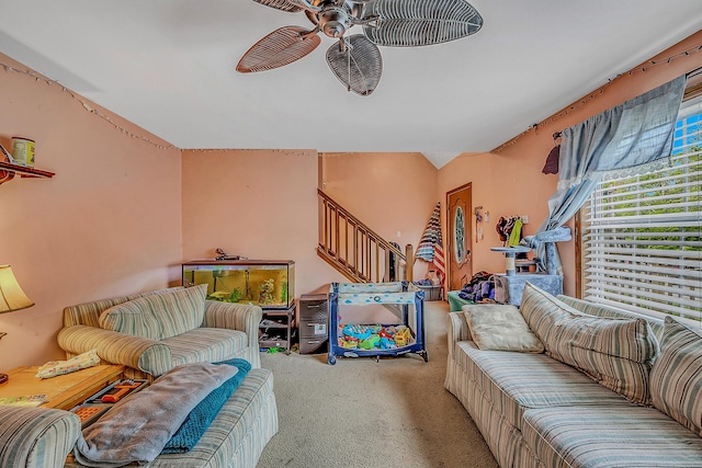 6163 Somers Ter, Tobyhanna, PA 18466 - living room with a ceiling fan, carpet floors, and stairway