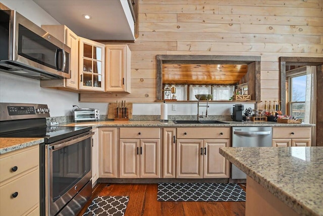 kitchen featuring glass insert cabinets, light stone counters, a sink, stainless steel appliances, and dark wood-style floors