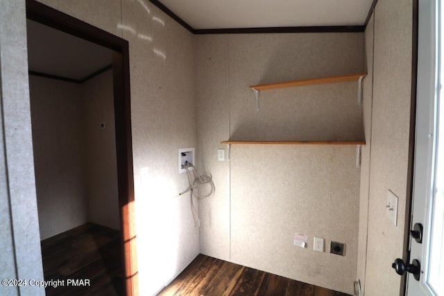 washroom featuring hookup for a washing machine, hookup for an electric dryer, laundry area, dark wood-style flooring, and ornamental molding