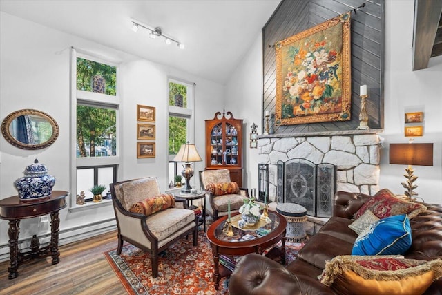 1237 Brentwood Dr, East Stroudsburg, PA 18301 - sitting room with wood finished floors, vaulted ceiling, a stone fireplace, rail lighting, and a baseboard radiator