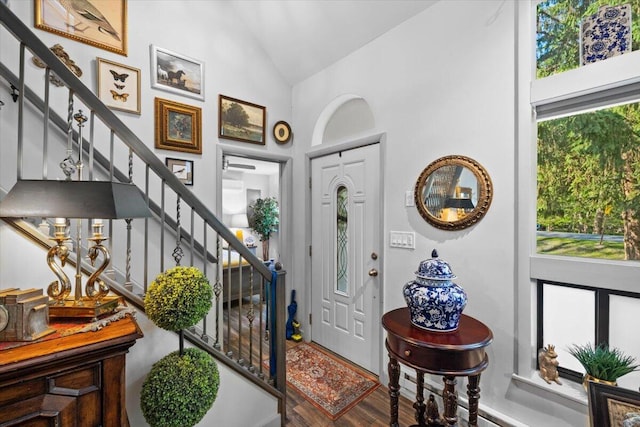 1237 Brentwood Dr, East Stroudsburg, PA 18301 - foyer featuring stairway, wood finished floors, and high vaulted ceiling