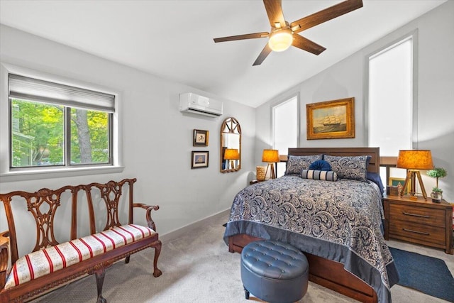 1237 Brentwood Dr, East Stroudsburg, PA 18301 - carpeted bedroom featuring a wall mounted AC, vaulted ceiling, and ceiling fan