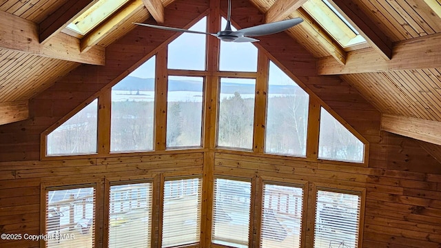 interior details featuring wood ceiling, a mountain view, beam ceiling, and a skylight