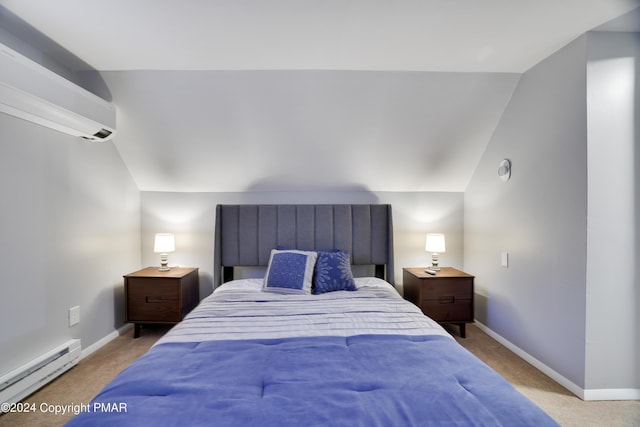 bedroom with baseboards, light colored carpet, lofted ceiling, a baseboard radiator, and an AC wall unit