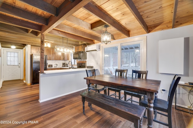 dining area featuring dark wood-style floors, a wall unit AC, wood ceiling, and a notable chandelier