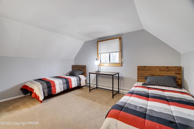 carpeted bedroom featuring lofted ceiling, a baseboard radiator, and baseboards