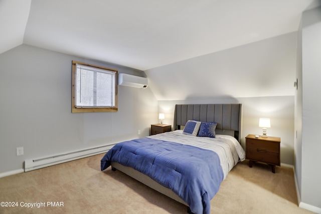 bedroom with carpet, a wall unit AC, vaulted ceiling, and baseboard heating