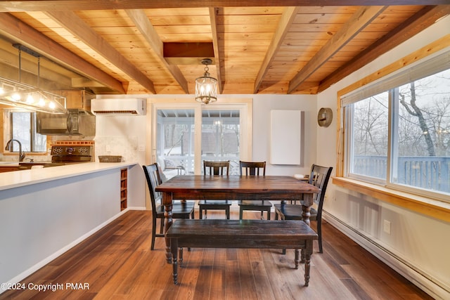 dining room featuring wooden ceiling, a baseboard heating unit, dark wood-style flooring, a wall mounted AC, and beamed ceiling