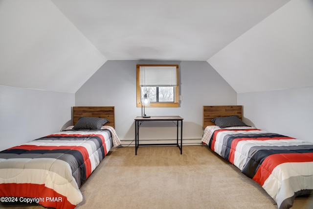 carpeted bedroom featuring lofted ceiling and baseboard heating