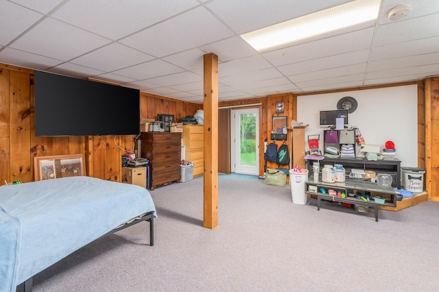 865 Snow Hill Rd, Cresco, PA 18326 - bedroom with carpet floors, wood walls, and a drop ceiling