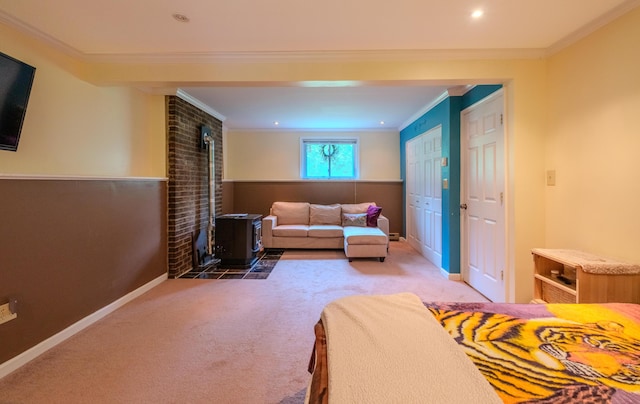 205 W Williams Ct, Stroudsburg, PA 18360 - carpeted living area with ornamental molding, a wood stove, and recessed lighting