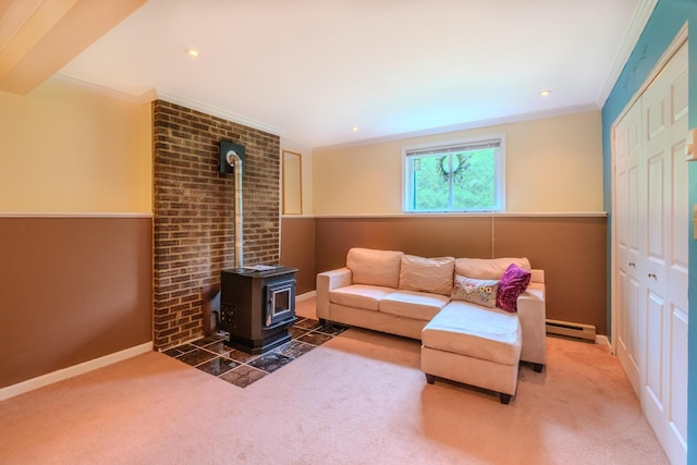 205 W Williams Ct, Stroudsburg, PA 18360 - carpeted living area featuring a wood stove, ornamental molding, and baseboard heating