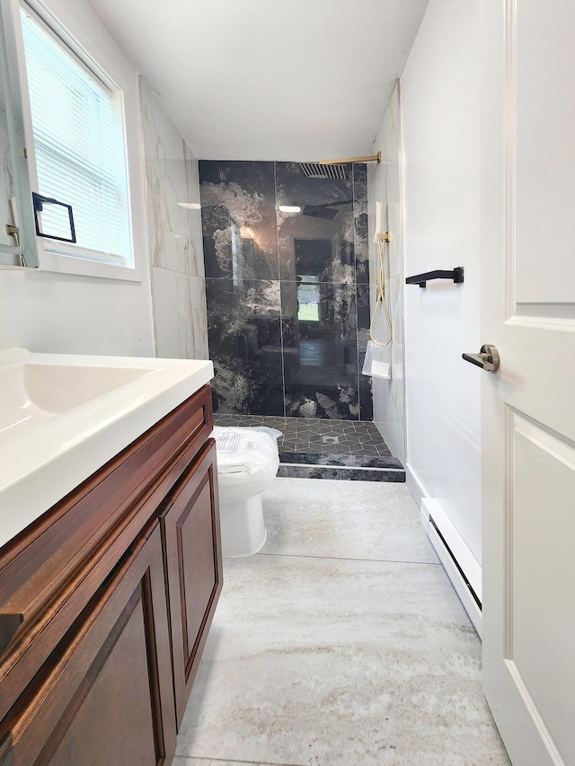 3546 High Hill Rd, Effort, PA 18330 - bathroom featuring a marble finish shower, a baseboard radiator, and vanity