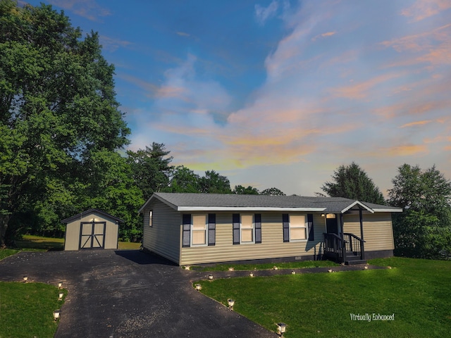 3546 High Hill Rd, Effort, PA 18330 - view of front of house with a shed, a front yard, driveway, and crawl space