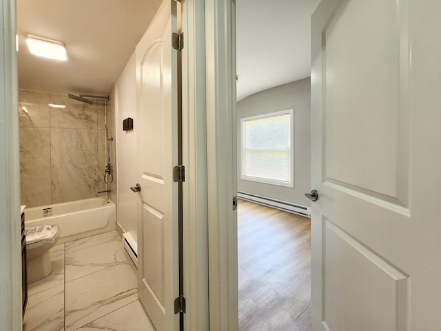 3546 High Hill Rd, Effort, PA 18330 - full bathroom featuring a baseboard heating unit, bathing tub / shower combination, baseboard heating, and marble look tiles