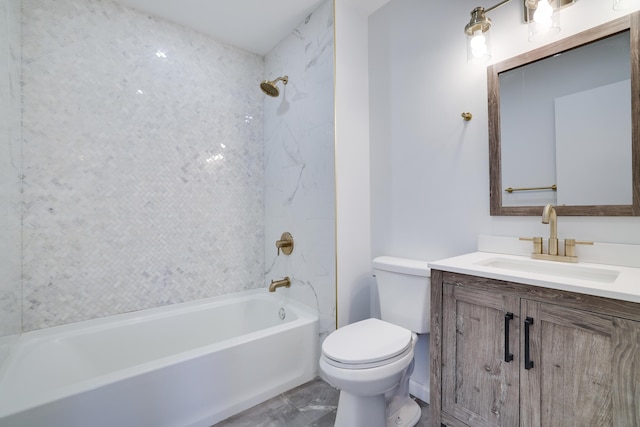 full bath with vanity, marble finish floor, toilet, and tub / shower combination