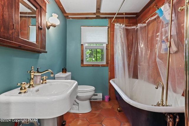 bathroom with a baseboard heating unit, a sink, toilet, and tile patterned floors