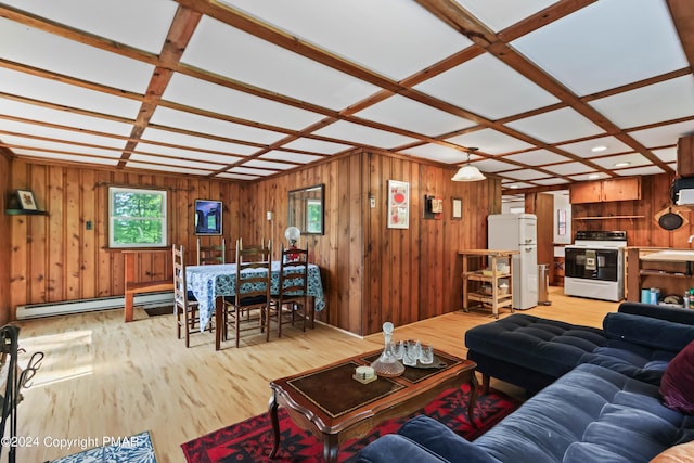 living area with a baseboard heating unit, coffered ceiling, wood walls, and wood finished floors