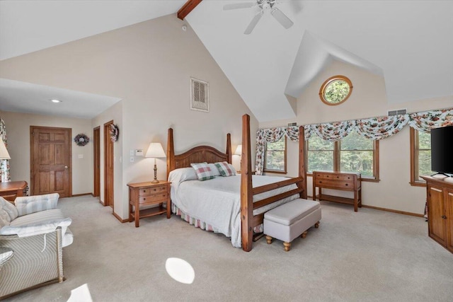 105 Waygood Way, Pocono Pines, PA 18350 - bedroom with light colored carpet, high vaulted ceiling, beam ceiling, and a ceiling fan
