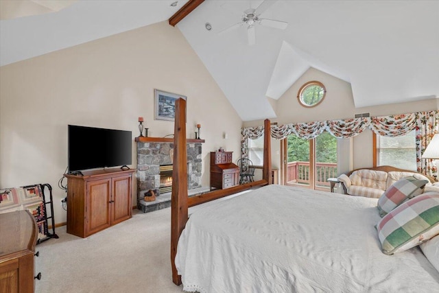 105 Waygood Way, Pocono Pines, PA 18350 - bedroom featuring light carpet, a fireplace, and a ceiling fan